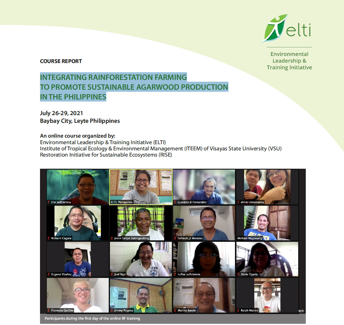 First page of course report showing ELTI logo on the top right, course's title and a screenshot of a Zoom meeting with sixteen participants.