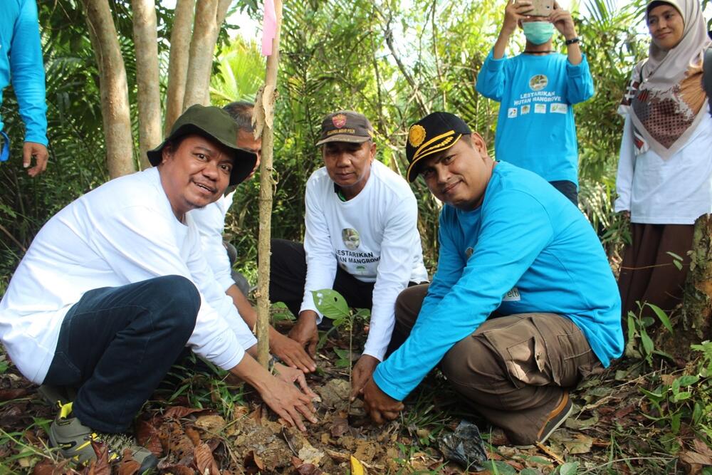Three men planting a tree sapling