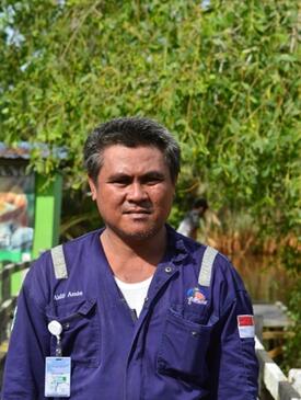 Man (Pak Andung) on blue shirt in the center of the image. Background are mostly green leaves and a portion of a sign on the left of the image.